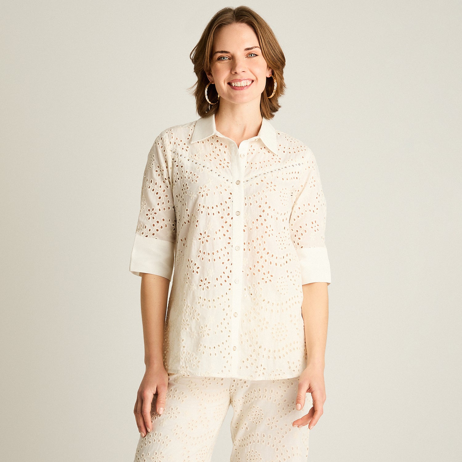 Blusa Crudo Manga 3/4 con Broderie